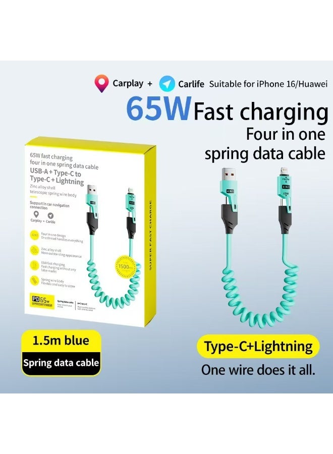 4-IN-1 65W PD Fast Charging Spring-Loaded 1.5m Data Cable, Zinc Alloy, USB-A/Type-C/Lightning Interface, Compatible with Apple and Huawei Laptops/Tablets/Phones, and CarPlay(Blue)